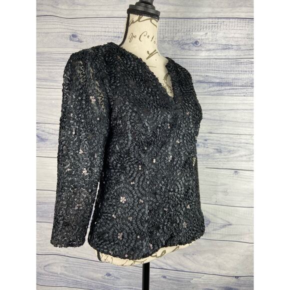Vintage Helene Blake Sequin Wrap Evening Blouse Women 6 Lace Sleeve V Neck Black - Picture 6 of 15
